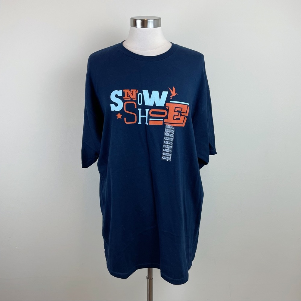 Snowshoe Mountain Navy Blue Orange Short Sleeve Tee Shirt New Men XL Extra Large